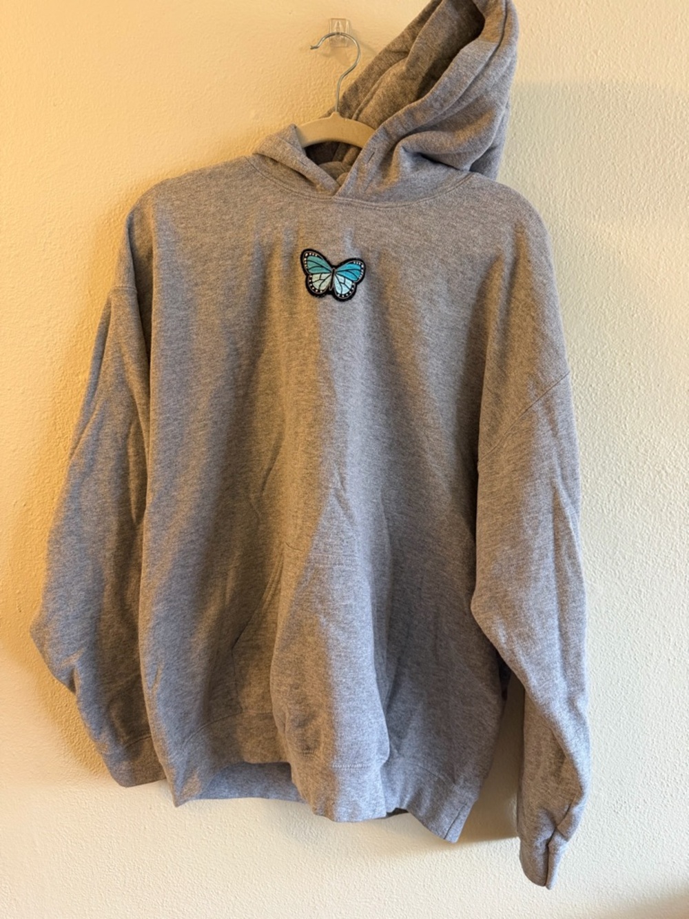 Gray Hoodie with Blue Butterfly Patch